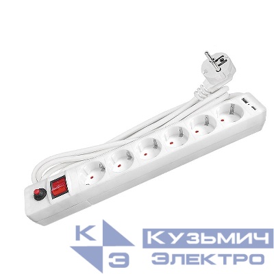 Удлинитель с сетевым фильтром 6х3м с заземл. 10А IP20 2.2кВт USB type-A + type-C ПВС 3х0.75 с выкл. бел. UNIVersal 2544
