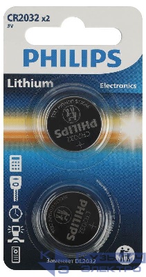 Элемент питания литиевый CR2032 (блист. 2шт) Philips Б0062716