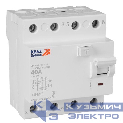 Выключатель дифференциального тока (УЗО) 4п 40А 30мА тип AC 4.5кА OptiDin DM63-4240 УХЛ4 КЭАЗ 343892