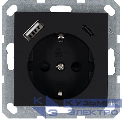 Розетка Shuko 16А с заземл. защ. шторки с 2-мя заряд. устройствами USB тип A+C 25Вт механизм черн. матов. soft touch Jasmart G5501USB-25PB