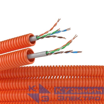 Электротруба ПНД гибкая гофрированная d16мм с кабелем витая пара 5EU/UTP нг(А)-HF (уп.25м) оранж. DKC 7EU91625
