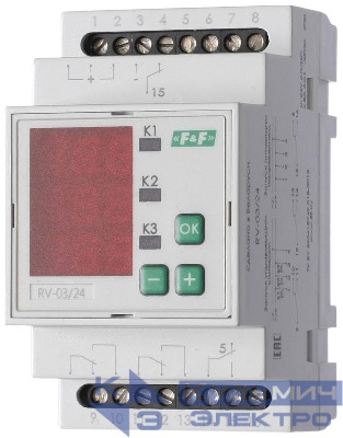 Реле времени RV-03/24 3х8А 24В AC/DC 3NO/NC IP20 многофункц. 3-х канал. 9 режимов работы с входами START диапазон выдержки времени 0с-99ч 59мин; 3мод. монтаж на DIN-рейке F&F EA02.001.028