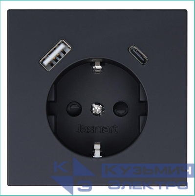 Розетка СП FD Shuko 16А с заземл. защ. шторки с 2-мя заряд. устр. USB тип A+C 25Вт механизм черн. матов. soft touch Jasmart FD5501USB-25PBM