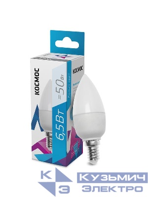 Лампа светодиодная 6.5Вт свеча 4500К бел. E14 220В КОСМОС LkecLED6.5wCNE1445