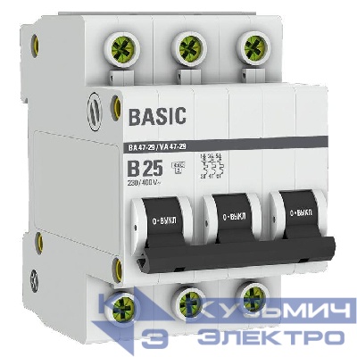 Выключатель автоматический модульный 3п B 25А 4.5кА ВА 47-29 Basic EKF mcb4729-3-25-B