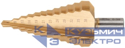 Сверло ступенчатое HSS по металлу 12 ступеней 6-9-13-16-19-21-23-26-29-32-35-38мм MOS 36386М