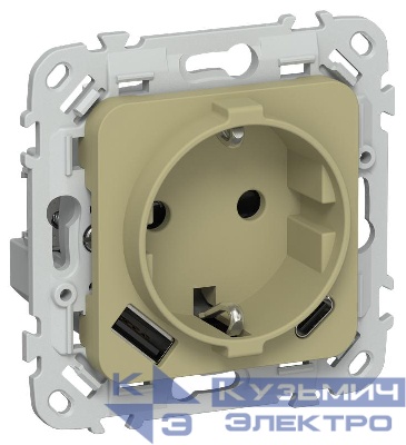 Розетка 1-м СП FLITE РСЮшс11-1-ФлО 16А с USB A+C 20Вт с заземл. с защ. шторками безвинтовое крепление механизм олив. IEK FI-R14-16-1-U22-020-K26