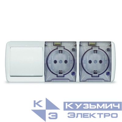 Блок ОП Клио 1-кл. выкл. 10А + розетка 2-м 16А 250В с заземл. с прозр. крышкой бел. Universal К2238