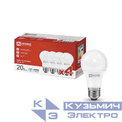 Лампа светодиодная LED-A60-VC 4PACK 20Вт 230В E27 4000К 1900лм (уп.4шт) IN HOME 4690612047706