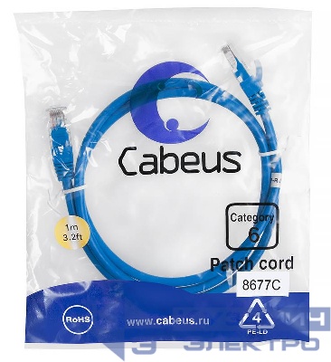 Патч-корд U/UTP кат.6 PC-UTP-RJ45-Cat.6-1m-BL 2xRJ45/8p8c неэкранир. PVC 1м син. Cabeus 8677c