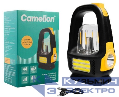 Фонарь аккумуляторный LED56325 LED+флм+COB 3 реж. Type-C солн. PB 2.4А.ч пластик. коробка желт./черн. Camelion 16211