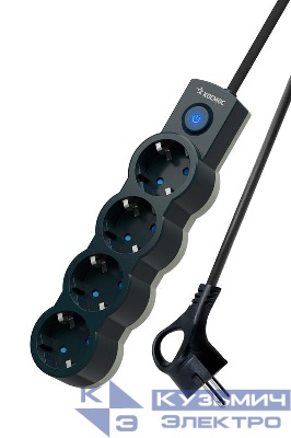 Удлинитель 4х5м с заземл. 10А IP20 2200Вт 220В защ. шторки ПВС 3х1 с выкл. черн. КОСМОС YKsm5m-4g-Z-V10A-B