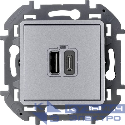 Устройство зарядное Inspiria с 2-мя USB разьемами A и C 240В/5В 3000мА алюм. IEK 673762