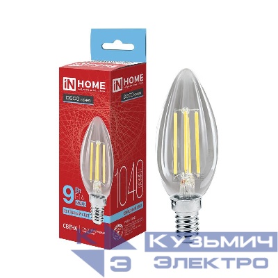 Лампа светодиодная LED-СВЕЧА-deco 9Вт свеча прозрачная 6500К E14 1040лм 230В IN HOME 4690612067056
