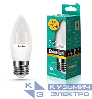 Лампа светодиодная LED8-C35/830/E27 8Вт свеча 3000К тепл. бел. E27 720лм 170-265В Camelion 12389