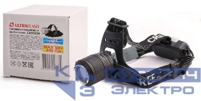 Фонарь налобный аккумуляторный LED5339 3.7В LED+син. LED 5Вт фокус 2 ак. 4 реж USB черн. Ultraflash 15041