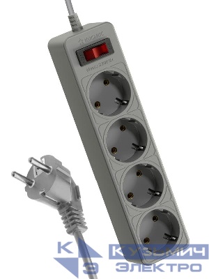 Удлинитель с сетевым фильтром 4х1.5м с заземл. 10А IP20 2.2кВт 3х0.75 с предохранителем с выкл. с индикатором сети КОСМОС FKsm1.5m-4g(G)