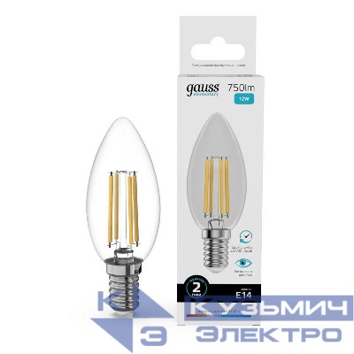 Лампа светодиодная филаментная Filament Elementary 12Вт свеча 4100К Е14 750лм GAUSS 32122