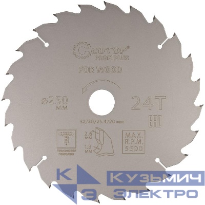Диск пильный по дереву с тефлоновым покрытием 24Т Profi plus 250х1.8/2.6х32/30/25.4/20мм Cutop 75-25024Т