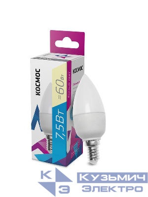 Лампа светодиодная 7.5Вт свеча 3000К тепл. бел. E14 220В КОСМОС LkecLED7.5wCNE1430
