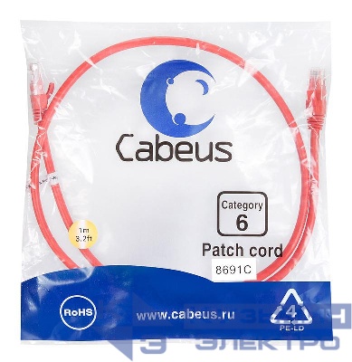 Патч-корд U/UTP кат.6 PC-UTP-RJ45-Cat.6-1m-RD 2xRJ45/8p8c неэкранир. PVC 1м красн. Cabeus 8691c