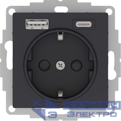 Розетка AtlasDesign 16А с 2-мя заряд. устройствами USB тип A+C 5В/2.4А 2х5В/1.2А механизм карбон SE ATN001032