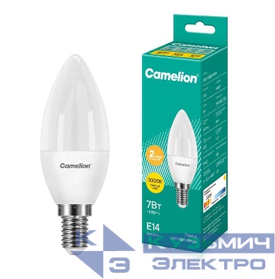 Лампа светодиодная LED7-C35/830/E14 7Вт свеча матовая 3000К тепл. бел. E14 580лм 170-265В Camelion 12073