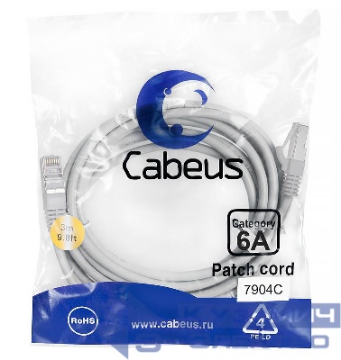 Патч-корд S/FTP кат.6A PC-SSTP-RJ45-Cat.6a-3m-LSZH 2xRJ45/8p8c экранир. LSZH (10G) 3м сер. Cabeus 7904c