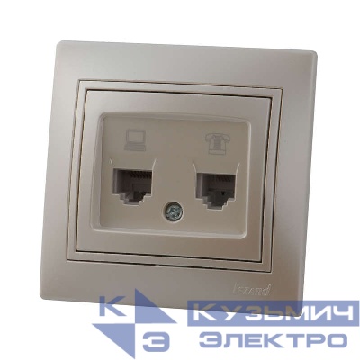 Розетка компьютерная + телефонная 2-м СП Mira RJ45 + RJ11 IP20 со вставкой жемчуж./бел. перламутр. LEZARD 701-3030-143