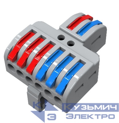 Клемма проходная разветвительная СМК 2x3D 2п на DIN-рейку 0.08-4кв.мм (1 ввод 3 вывода на полюс) сер. (уп.25шт) Rexant 07-5281