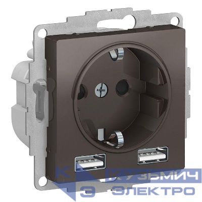 Розетка 1-м СП AtlasDesign 16А IP20 с 2-мя заряд. устройствами USB тип A+A 5В/2.4А 2х5В/1.2А механизм мокко SE ATN000630