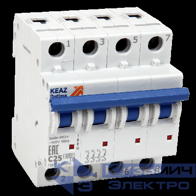 Выключатель автоматический модульный 4п D 2А 6кА OptiDin BM63-4D2-ОМ4-РЕГ КЭАЗ 281622