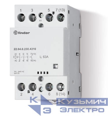 Контактор модульный 2NO + 2NC 63А AgSnO2 24В AC/DC 53.5мм IP20 опции: мех. индикатор FINDER 226400244610