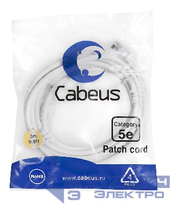 Патч-корд U/UTP кат.5E PC-UTP-RJ45-Cat.5e-3m-WH 2xRJ45/8p8c неэкранир. PVC 3м бел. Cabeus 7682c