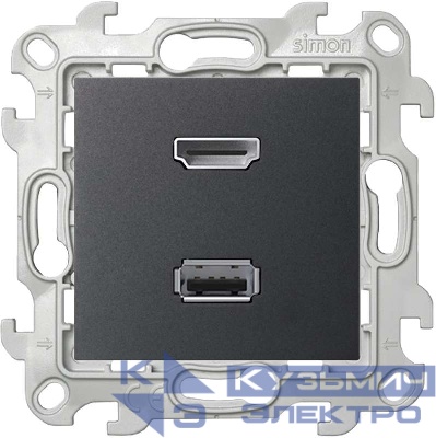 Розетка HDMI + USB 2.0 2-м СП Simon 24 IP20 коннектор механизм графит Simon 2411095-038