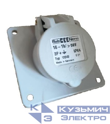 Розетка встраиваемая 16А 3п 2P+PE 1ч 50В IP44 наклонная 85х85 Bals 12643