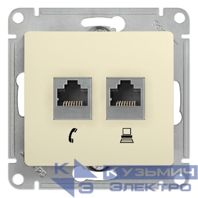 Розетка компьютерная + телефонная 2-м СП Glossa RJ45 + RJ11 кат.5E механизм беж. SE GSL000285