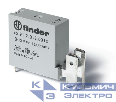 Реле низкопрофильное миниатюрное электромеханич. монтаж на печатную плату выводы с шагом 5мм + Faston 250(6.3х0.8мм) 1NO 16А AgNi (зазор >/=3мм) 12В DC (чувствит.) RTII FINDER 459170120310