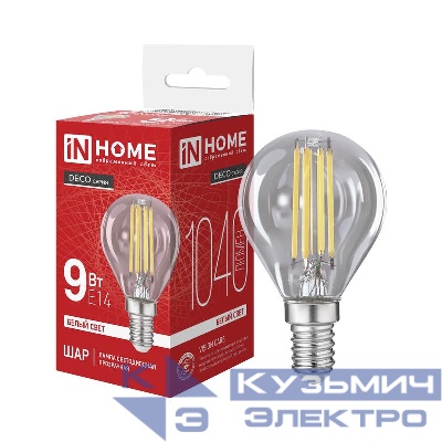 Лампа светодиодная LED-ШАР-deco 9Вт шар прозрачная 4000К E14 1040лм 230В IN HOME 4690612063324