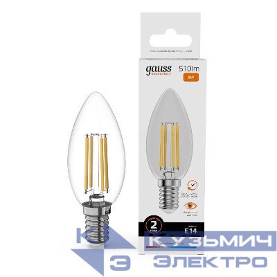Лампа светодиодная филаментная Filament Elementary 8Вт свеча 2700К Е14 510лм GAUSS 32118