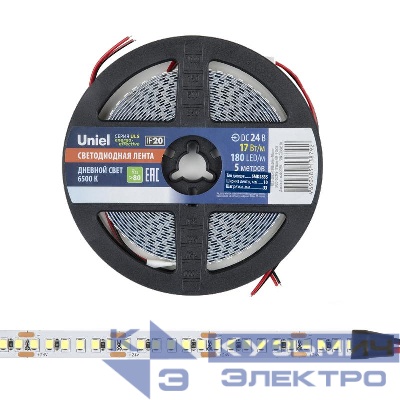 Лента светодиодная ULS-2835-180LED/m-10mm-IP20-DC24V-17W/m-5M-6500K 17Вт/м 180LED/м 6500К холод. бел. IP20 24В DC 10мм гибкая на самоклеящейся основе герметичн. упак. (уп.5м) Uniel UL-00007644