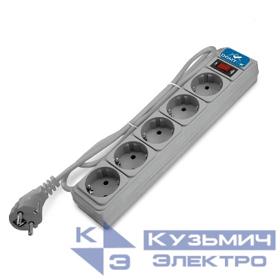 Удлинитель с сетевым фильтром 5х1.8м с заземл 10А IP20 2.2кВт ПВС 3х1 с выкл. сер. DOMTOK 2532