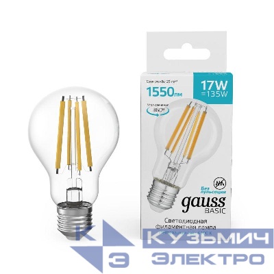 Лампа светодиодная филаментная Basic Filament А60 17Вт 4100К Е27 1550лм GAUSS 10212272