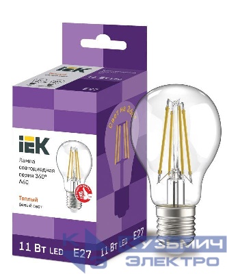 Лампа светодиодная филаментная 360° 11Вт A60 грушевидная прозрачная 3000К тепл. бел. E27 230В IEK LLF-A60-11-230-30-E27-CL