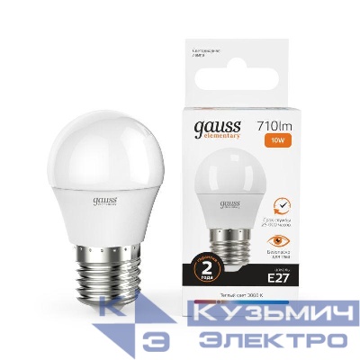 Лампа светодиодная Elementary 10Вт P45 шар 3000К тепл. бел. E27 710лм GAUSS 53210