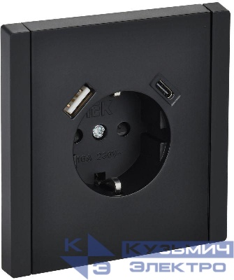 Розетка FORTE&PIANO FP147 16А USB A+C 18Вт с заземл. защ. шторки винт. крепл. черн. IEK FP-R14-16-U22-018-K02