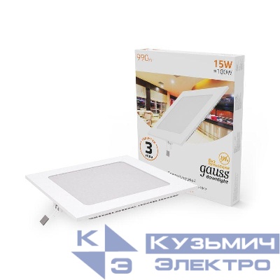 Светильник светодиодный Slim 15Вт 3000К IP20 990лм 220-240В ДВО квадрат бел. GAUSS 940111115