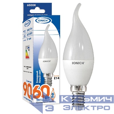 Лампа светодиодная ILED-SMD2835-CW37-6-540-220-6.5-E14 (1120) 6Вт свеча на ветру 6500К холод. бел. E14 540лм 230-240В IONICH 1608