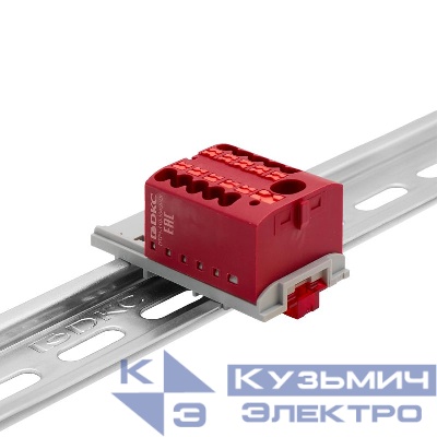 Блок распределительный с вертикал. адаптером на рейки шир. 15/35мм зажим push-in 1 ввод 6кв.мм 10 точек подключения 2.5кв.мм красн. DKC DTP1-110-104SPUR-V