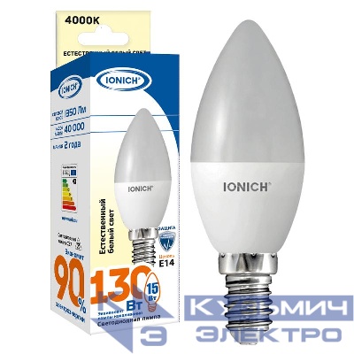 Лампа светодиодная C37 15Вт свеча 4000К E14 230В IONICH 1907